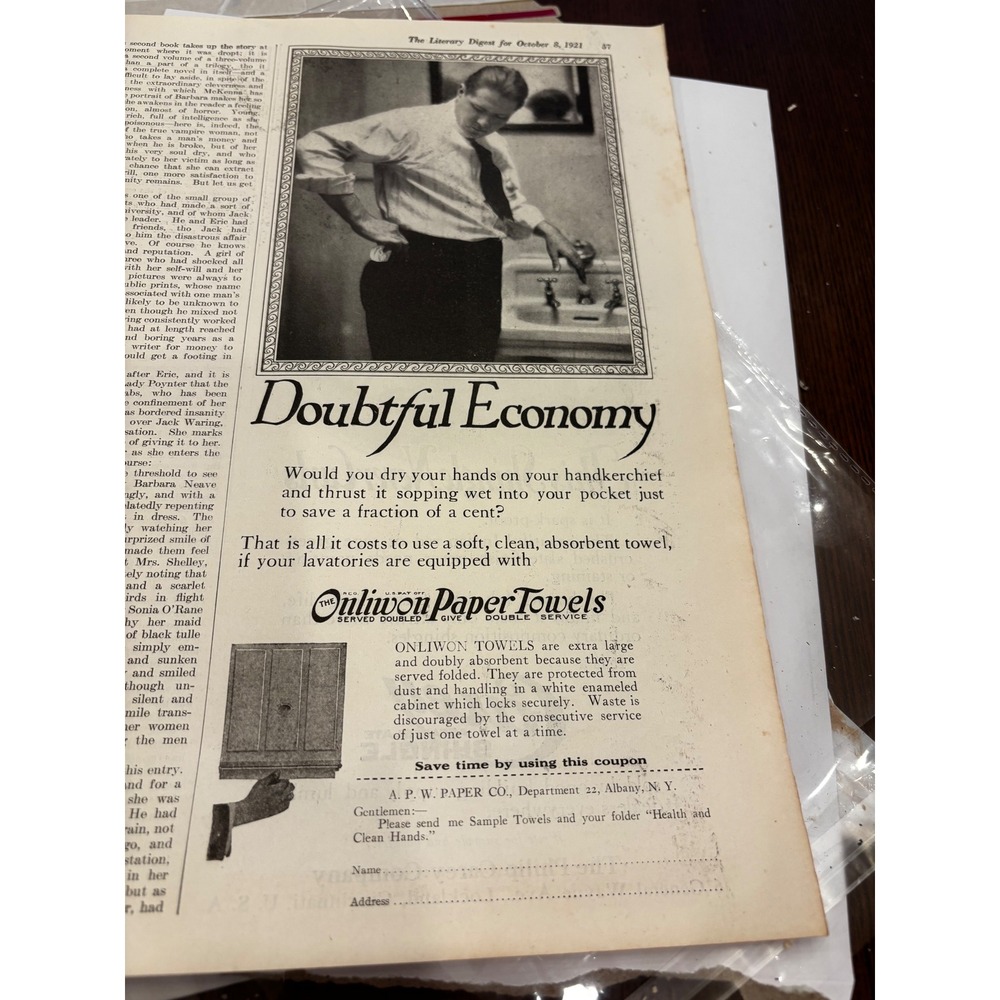 Vintage 1921 Onliwon Paper Towels Print Ad Carey Asphaltslate Shingle Home Art